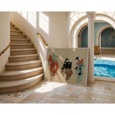 Quadro Decorativo Três Gueixas, um Só Coração Retangular 60 X 90 Branco