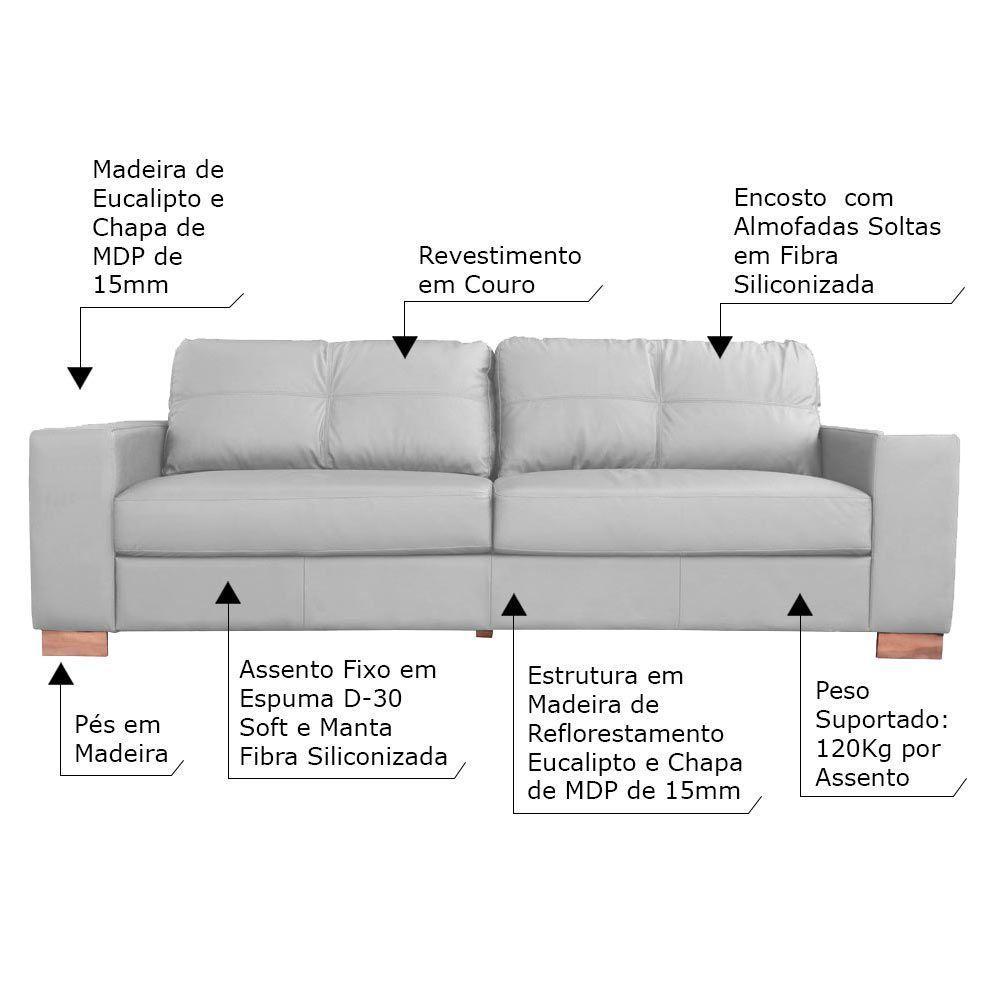 Sofá 3 Lugares Pés Madeira Kenny 210cm Couro Cinza - 2