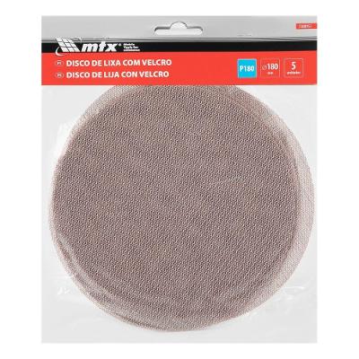 Disco de Lixa Telado com Velcro Grão 180 180mm Vermelho Kit 5 Unidades MTX