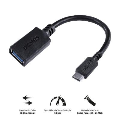 Cabo Adaptador OTG Tipo C para USB a 3.0 15CM com Dados 5GBPS e Carregamento Preto Pcyes
