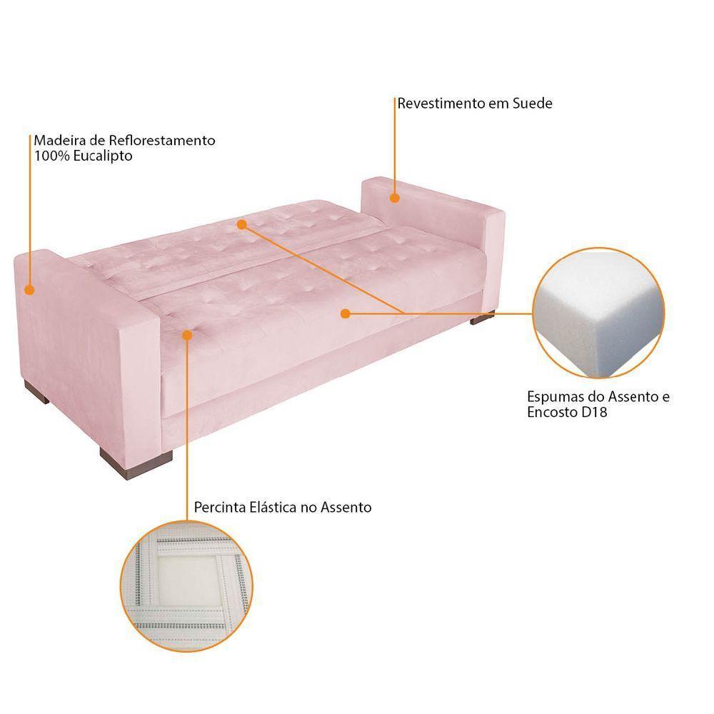 Sofá Cama 3 Lugares Jobim Suede Rosa Bebê - 5