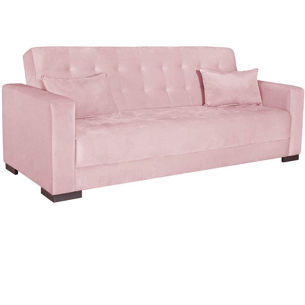 Sofá Cama 3 Lugares Jobim Suede Rosa Bebê - 9