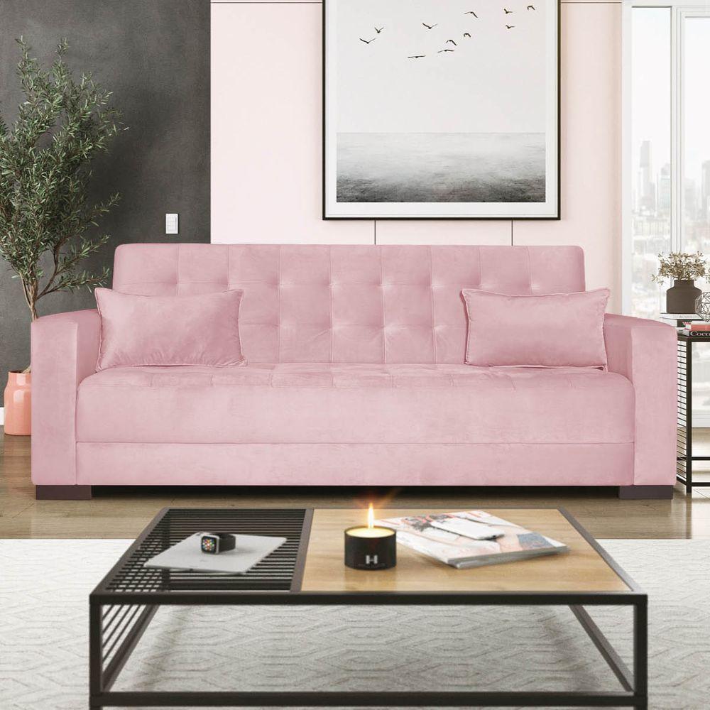 Sofá Cama 3 Lugares Jobim Suede - Amarena Móveis Rosa Bebê - 1