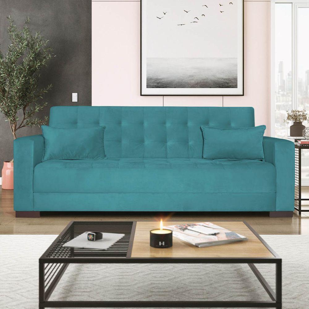 Sofá Cama 3 Lugares Jobim Suede Azul Turquesa - 2