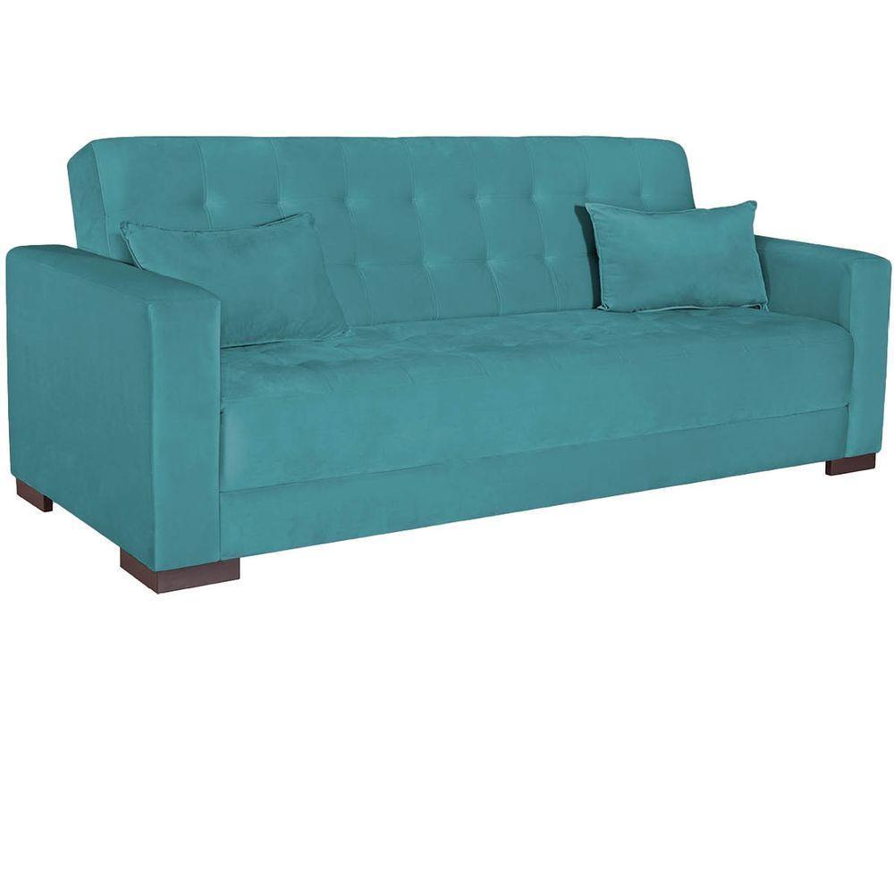 Sofá Cama 3 Lugares Jobim Suede Azul Turquesa - 9