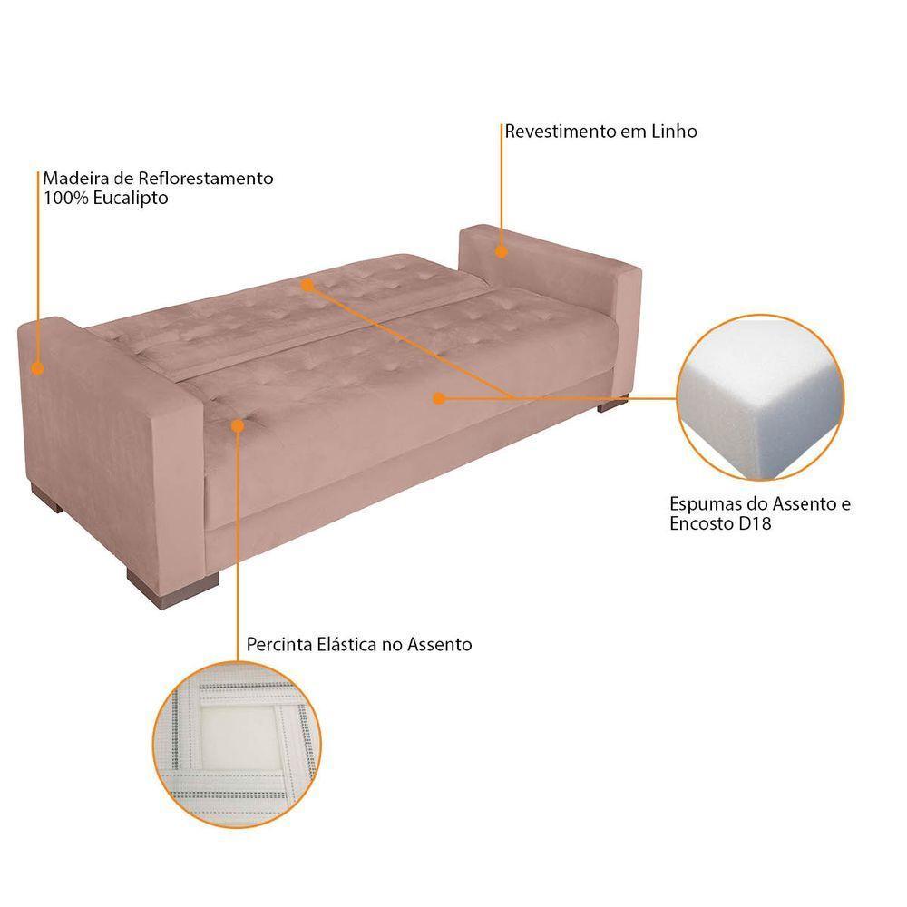 Sofá Cama 3 Lugares Jobim Linho - Amarena Móveis Rosê - 6