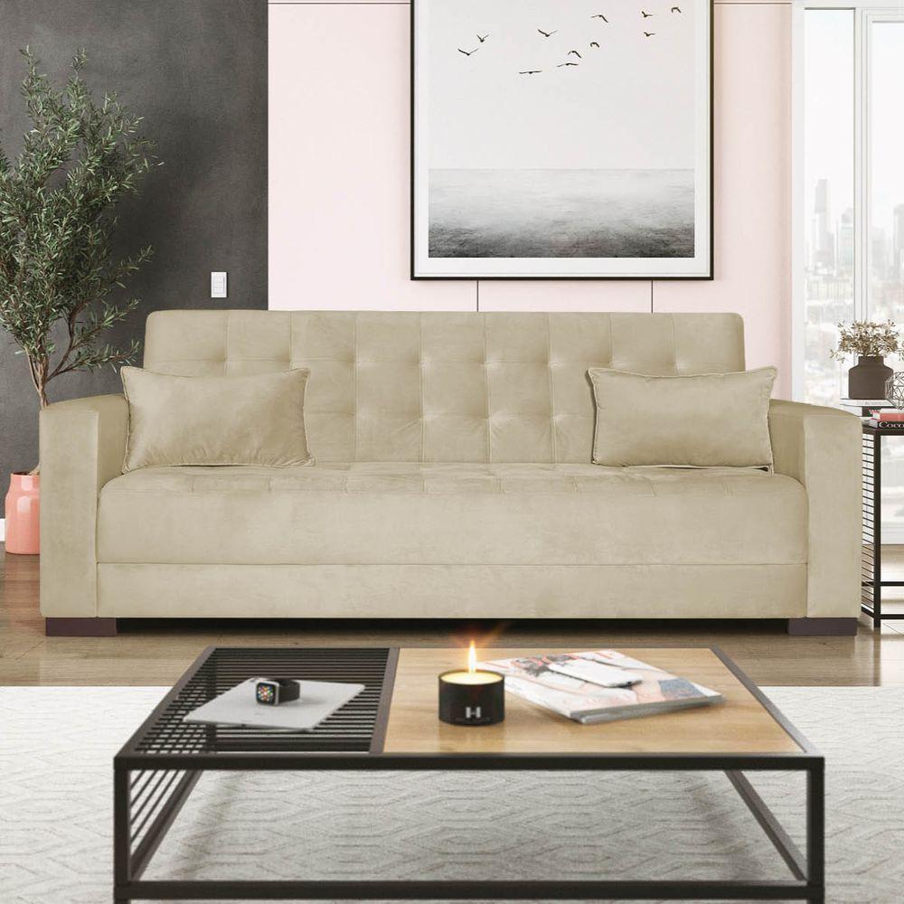 Sofá Cama 3 Lugares Jobim Linho - Amarena Móveis Bege - 1