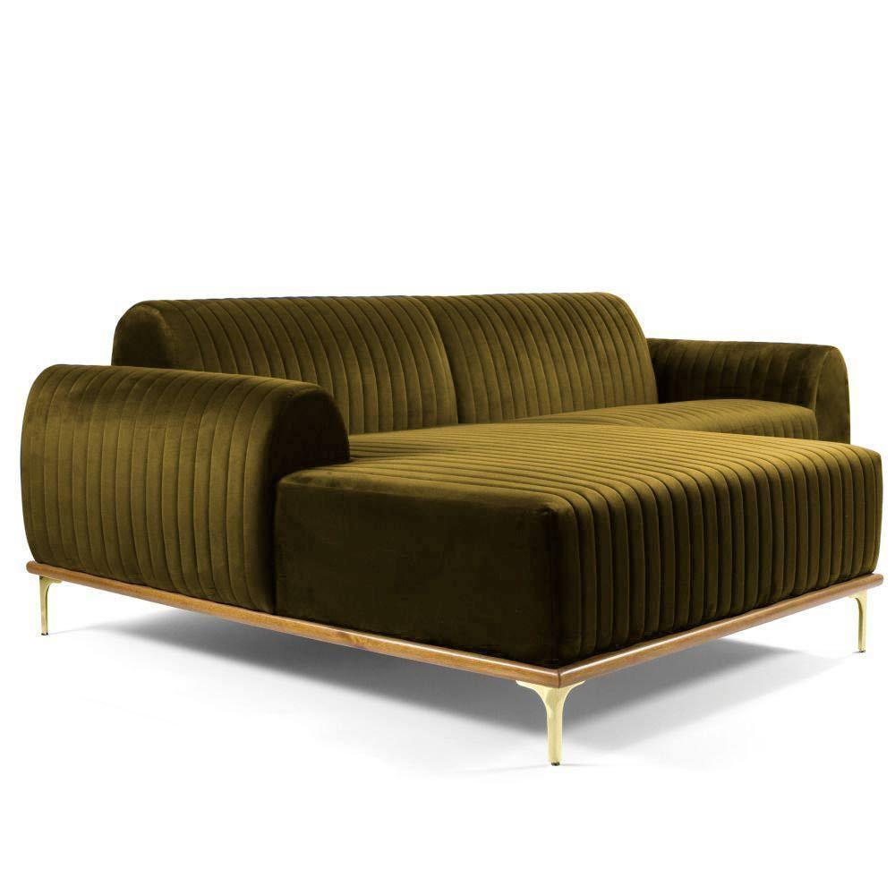 Sofá 4 Lugares com Chaise Base de Madeira Euro 255 Cm Veludo Mostarda - 5
