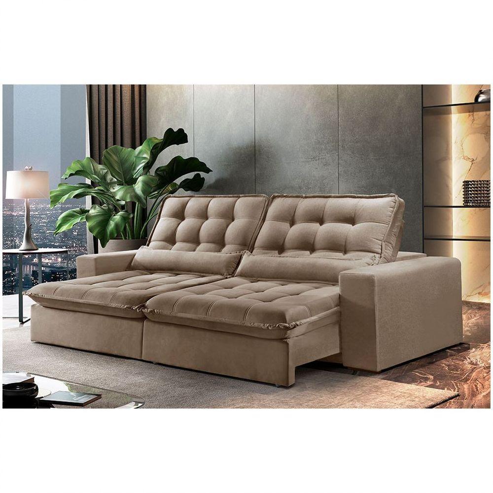 Sofá 4 Lugares Retrátil Orion 2.50m Veludo Palha Móveis Mix Palha - 1