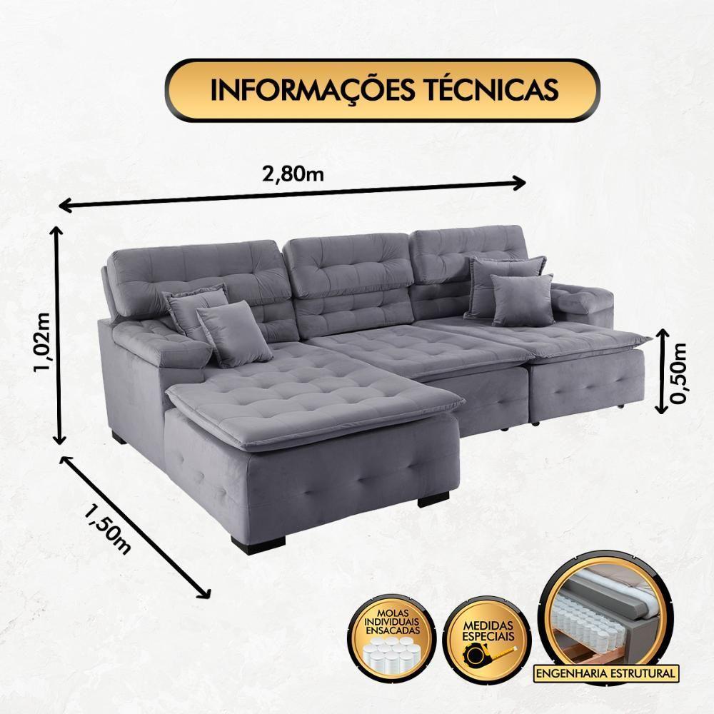 Sofá Orlando 2.80x1.50m Com Chaise, Retrátil E Reclinável - Chumbo - 3