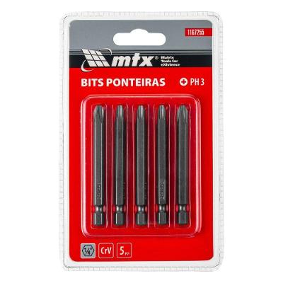 Jogo Bits Philips PH3 1-4 Pol. 6x75mm Aço Crv 54 HRC 5 Peças Vermelho MTX
