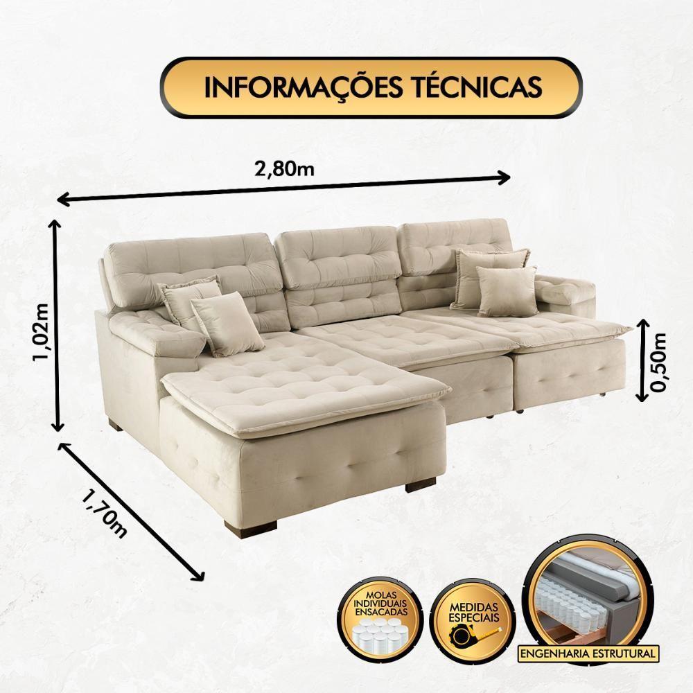 Sofá Orlando 2.80x1.70m Com Chaise, Retrátil E Reclinável - Bege - 4