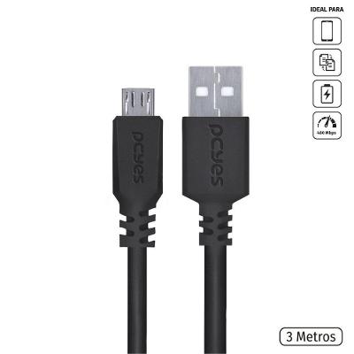 Cabo Micro USB para USB-A 2.0 Pcyes PMUAP-3 para Dados e Carregamento 480MBPS Preto 3 METROS
