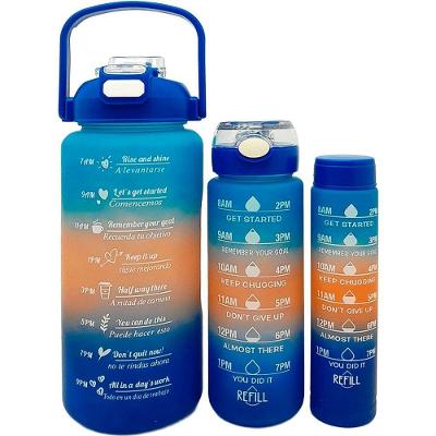 Garrafa para Água Kit 3 Peças Treino Academia com Frases Motivacionais 2L 900ml 300ml Azul e Laranja