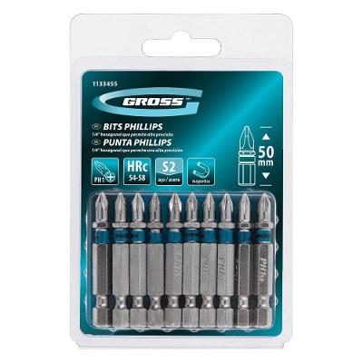 Bits Phillips PH1 50MM Aço Rápido Haste 1-4 Azul Kit 10 Peças Gross