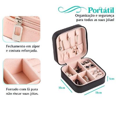 Porta Joias de Viagem OEM em Couro Sintético 10x10x5 cm Preto Unissex
