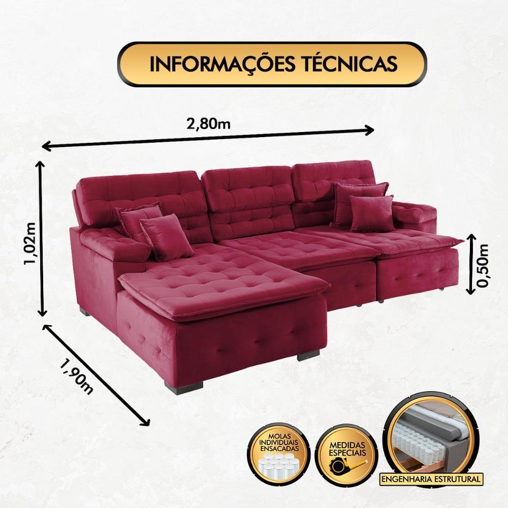Sofá Orlando 2.80x1.90m Com Chaise, Retrátil E Reclinável - Vinho - 6