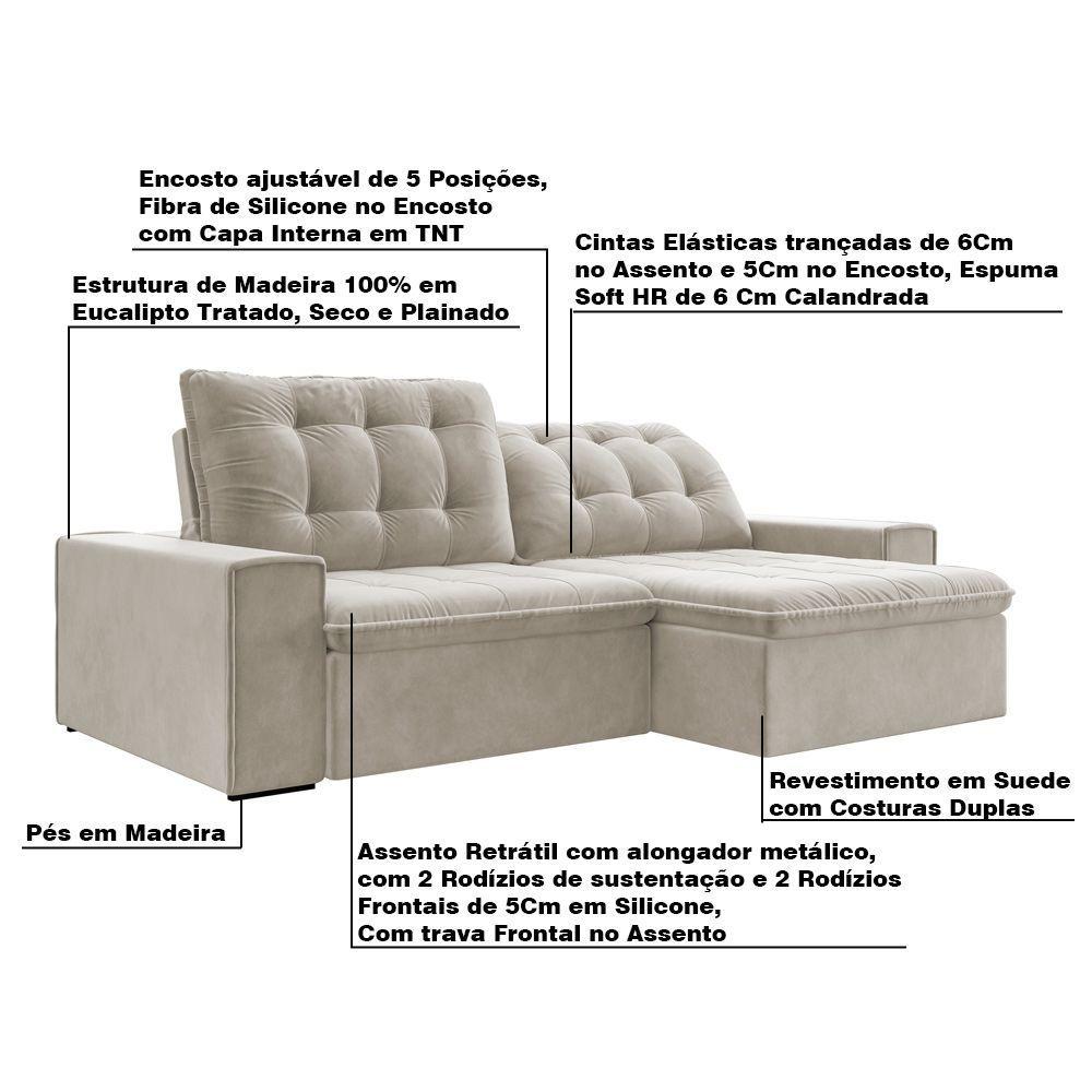 Sofá Retrátil 234cm Gabi Suede Bege Gran Belo - 4