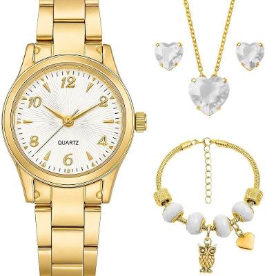 Relógio Feminino com Kit de Joias Analógico em Aço Inox com Colar e Pulseira Presente Dourado
