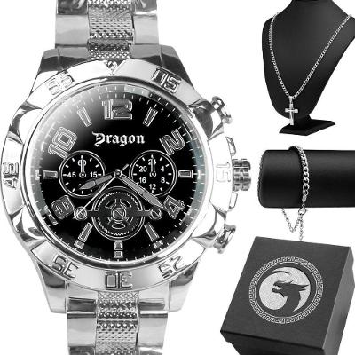 Kit Relógio Masculino Analógico Orizom Spaceman Dragon em Aço Inox Prata com Cordão Crucifixo