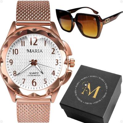 Kit Relógio e Óculos de Sol Feminino Orizom Maria Analógico com Pulseira em Aço Inox Rosê