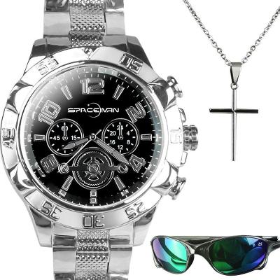 Kit Acessórios Masculinos Orizom Spaceman em Aço Inoxidável Prata com Relógio, Corrente, Pingente