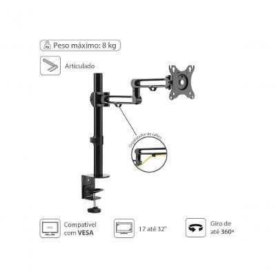 Suporte Articulado para Monitor SM400A para Monitores de 17" a 32" com Rotação 360° Preto, Cinza