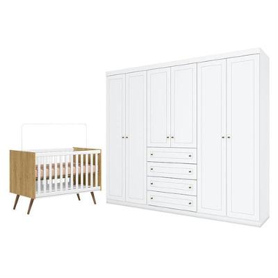 Conjunto Berço Americano Q Encanto 3820 Retrô e Guarda Roupa 6 Portas MDF Branco Qmovi