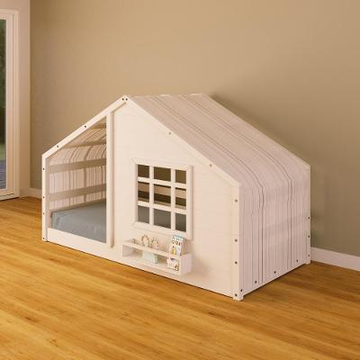 Cama Montessori Solteiro Casinha com Janela e Cortina Madeira Maciça Branco Housin