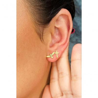 Brinco Floratta Joias Duo de Cruz e Espírito Santo Banhado em Ouro 18K 0,9CM Dourado