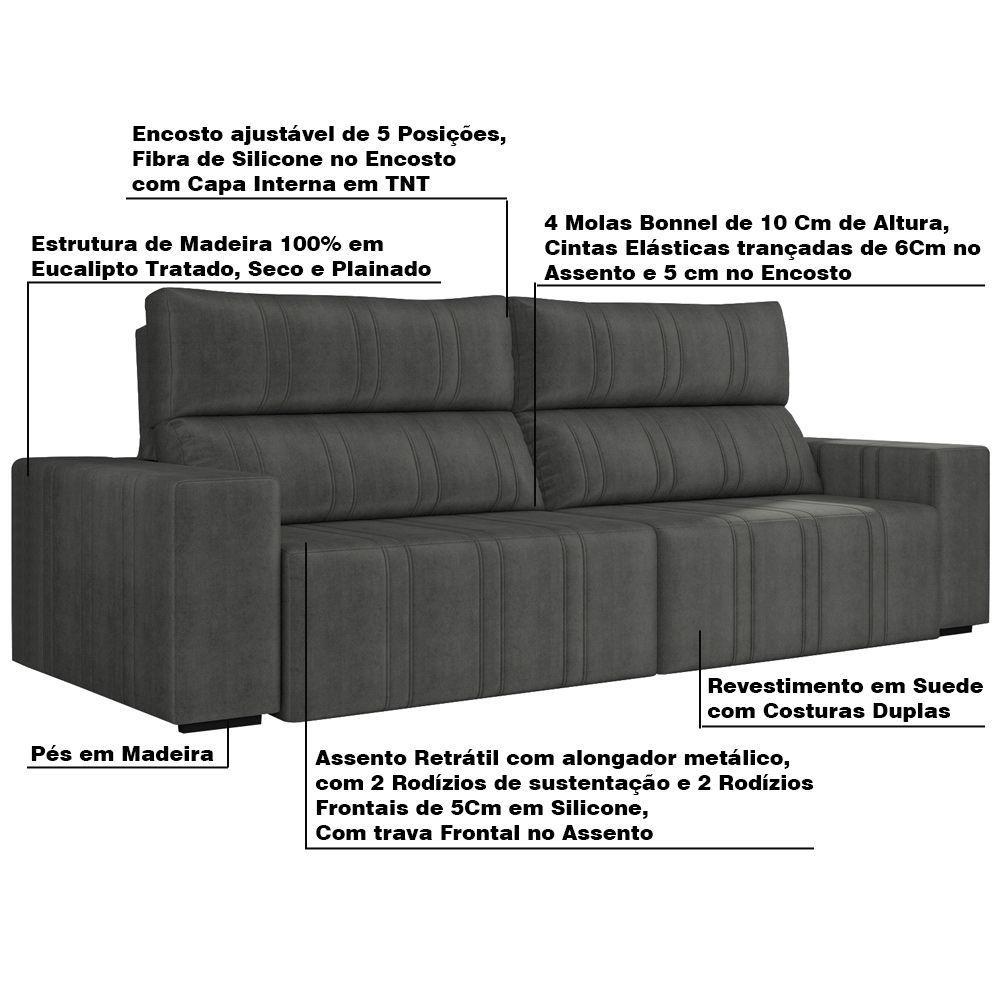 Sofá Retrátil 234cm Leonel Suede Grafite Gran Belo - 3