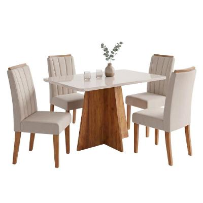 Conjunto Sala de Jantar Anjos Mesa 1,20m com Tampo em MDF com Vidro 4 Lugares Bege Viero Móveis