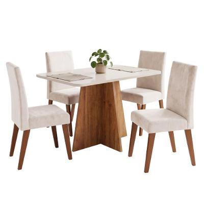 Conjunto de Jantar Moove 1,20m com 4 Cadeiras Milano Tampo MDF Veludo Marfim Viero Móveis