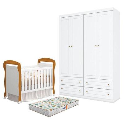 Conjunto Berço Americano Danny Branco Acetinado Savana Reller e Guarda Roupa Infantil 4 Portas 4