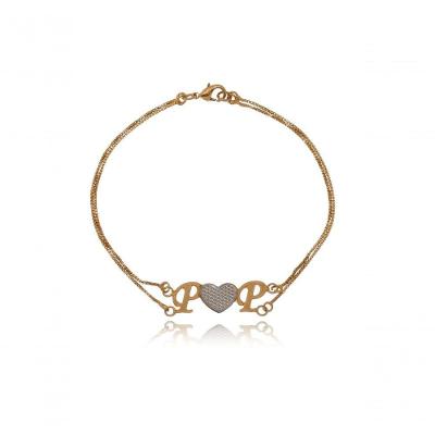 Pulseira Floratta Joias Personalizada com Iniciais e Coração em Ródio Ouro 18k Prata Feminino