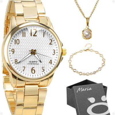 Kit Relógio Feminino Orizom Maria em Aço Inoxidável Dourado com Colar Ponto de Luz e Pulseira