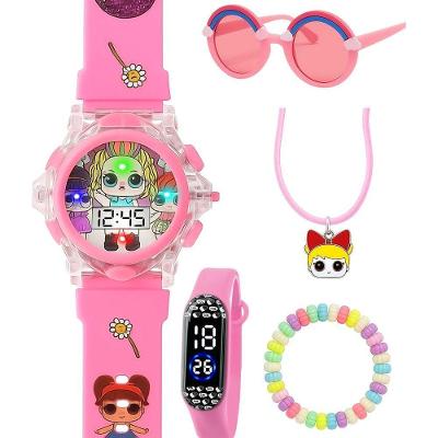 Relógio Infantil Digital Kit LOL para Menina com Pulseira em Silicone com Óculos de Sol e Colar Rosa