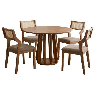 Mesa de Jantar Pitanga com 4 Cadeiras Açaí Tampo MDF Redondo 109cm Linho Bege Milani Movelaria