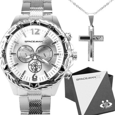 Kit Relógio Analógico Masculino Spaceman com Pulseira em Aço Inox com Colar com Oração do Pai Nosso