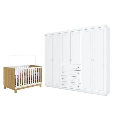 Conjunto Berço Americano Mini Cama Q Encanto Slim e Guarda Roupa Casal 6 Portas Branco Acetinado