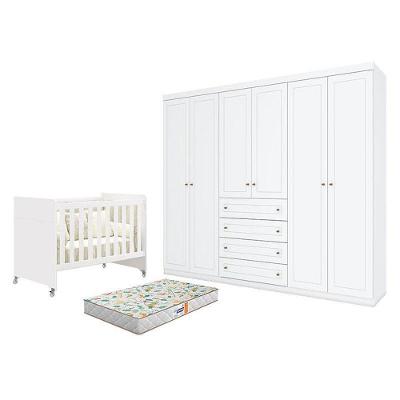 Berço Americano Evolution 4 em 1 com Guarda Roupa e Colchão Branco Móveis Henn