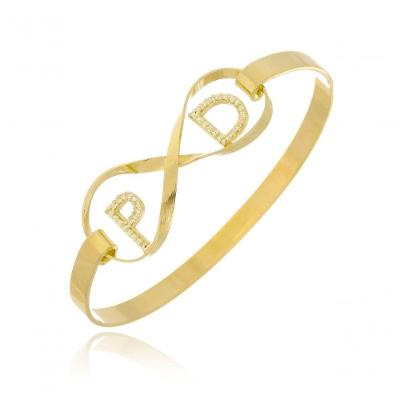 Pulseira Rígida Floratta Joias Infinito e Iniciais do Casal em Zircônia Banhada em Ouro 18k Dourado