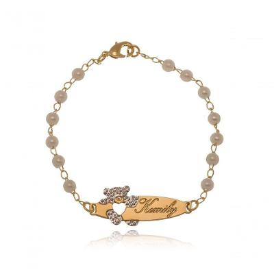 Pulseira Floratta Joias Personalizada Pérolas Nome Ursinho Banhado em Ouro 18K Dourado Infantil