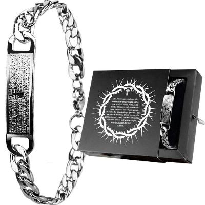 Pulseira Masculina Orizom Pai Nosso em Aço Inoxidável 20CM Prata com Pingente Gravado Masculino