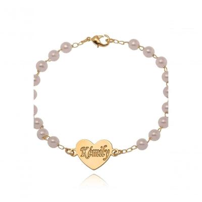 Pulseira Floratta Joias Pérolas com Coração e Nome Gravado Folheada em Ouro 18K Dourado Feminina
