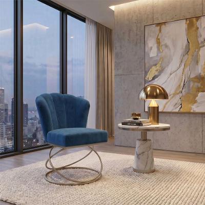 Poltrona Decorativa Estofada Base Aço Encosto Ergonômico Champagne e Azul Marinho Mobília Decor