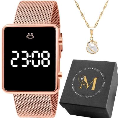 Kit Relógio Feminino Maria Digital com Pulseira de Silicone com Colar com Pingente de Pérola Rosê