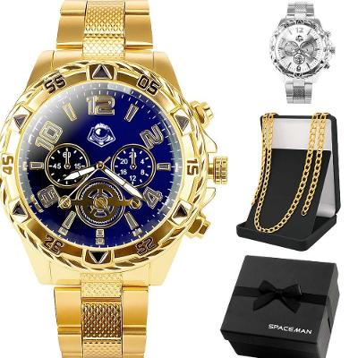 Kit Relógios e Cordão Orizom Spaceman Aço Inoxidável Dourado Prata Masculino