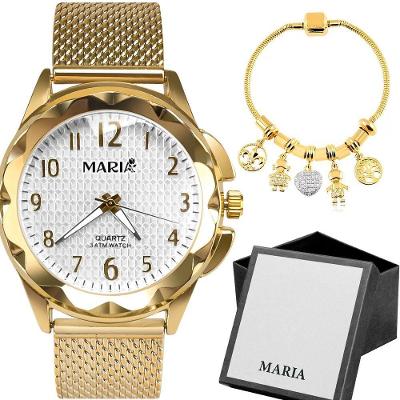 Kit Relógio Feminino Analógico Maria Casual Social com Pulseira Silicone à Prova d’água Dourado