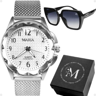 Kit Relógio e Óculos Feminino Maria Analógico Social Aço Inox Prova D’água Prata Orizom